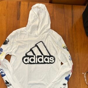 adidas White Hoodie with Black Logo and Multicolor Sleeve Accents